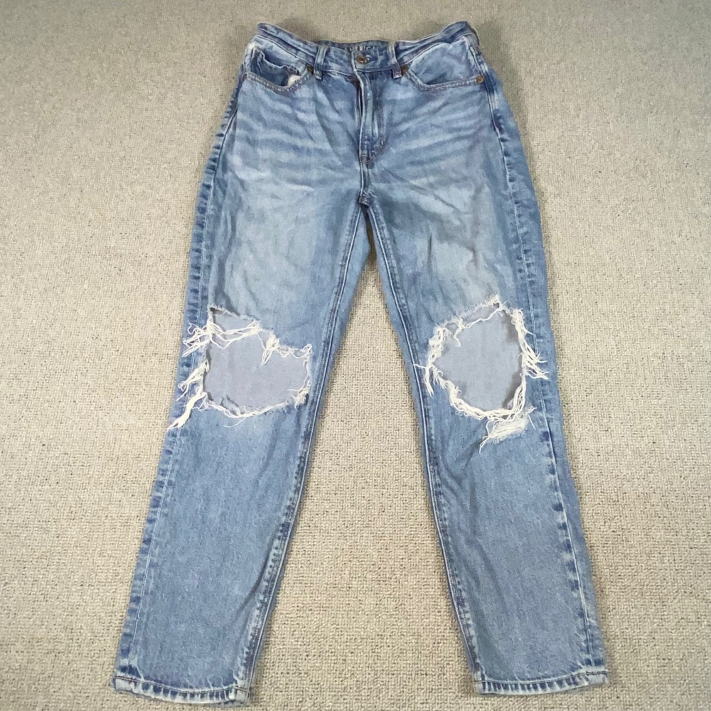 American Eagle Mom Jeans Womens 6 Short Blue Strigid Distressed High Rise Denim
